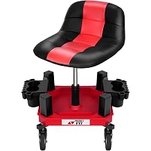 Rolling Shop Stool with Wheels, Adjustable Garage Mechanic Stool Seat Shop Roller Work Chair Mobile Rolling Seat with Tool Tray, 2 Cup Holders, 4" Casters, 350 LBS, Heavy-Duty, Red