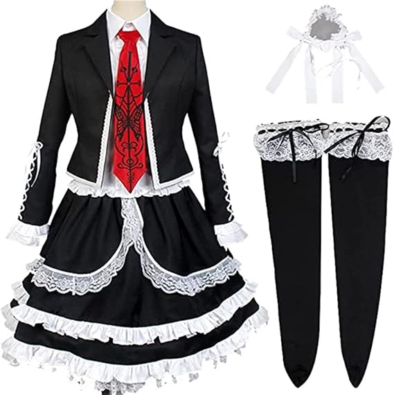 Gothic Cosplay Costume Set Black Frilly Dress with Red Tie Headband Stockings Halloween Outfit for Women