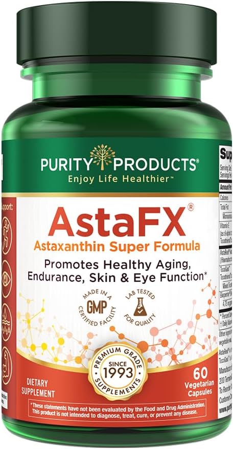 Purity Products AstaFX Astaxanthin Antioxidant Super Formula | from Clinically Tested 4 mg AstaREAL with Tocotrienols (Vitamin E) + BioPerine Black Pepper + Piperine - 60 Vegetarian Caps