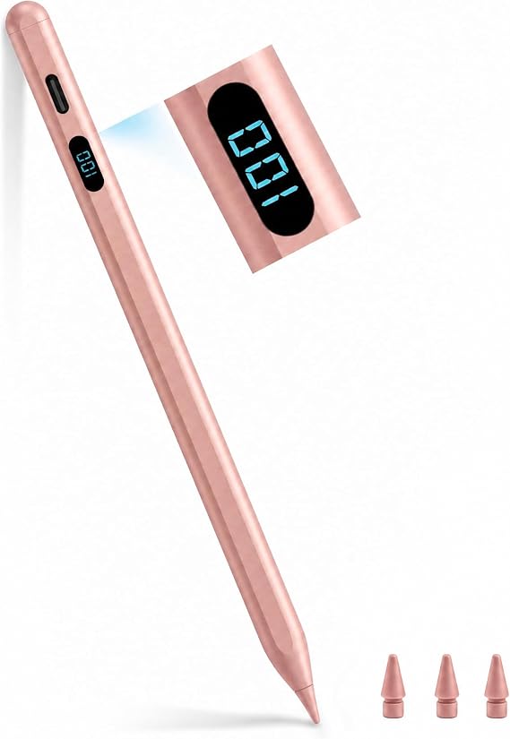 LED Power Display Stylus Pencil for iPad 2018-2026,No Bluetooth Just Power On and Use,USB-C Fast Charge with Tilt Sensitivity & Palm Rejection for iPad A16 10th/iPad Air/iPad mini/iPad Pro (Gold)