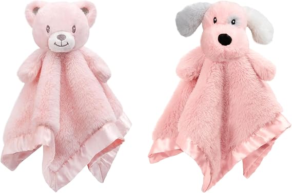 Bear+Dog Baby Security Blanket Soft Baby Lovey Fluffy Blanket for Girls Lovie Snuggle Toy Baby Cuddly Bear Stuffed Gift for Newborn Infants Pink 14 Inch