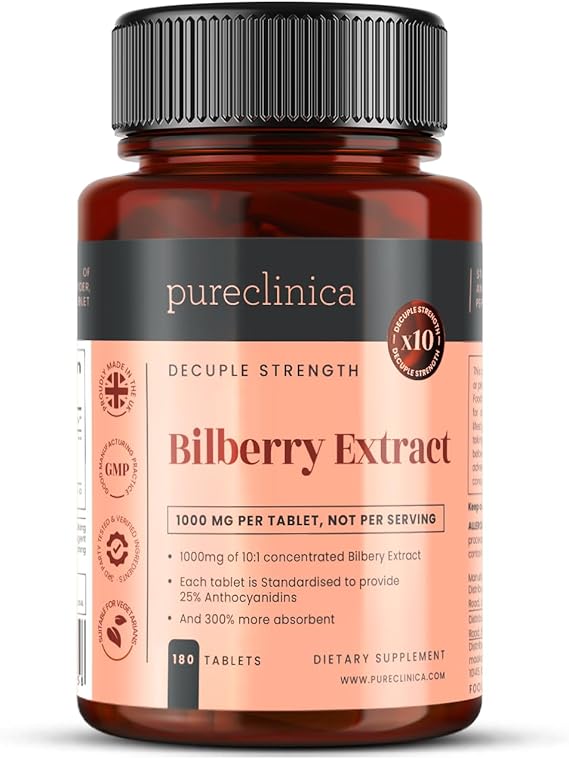 Pureclinica Bilberry Extract 1000mg (10:1) per Tablet – with Black Pepper Extract – 180 Tablets – High Strength – 6 Month Supply