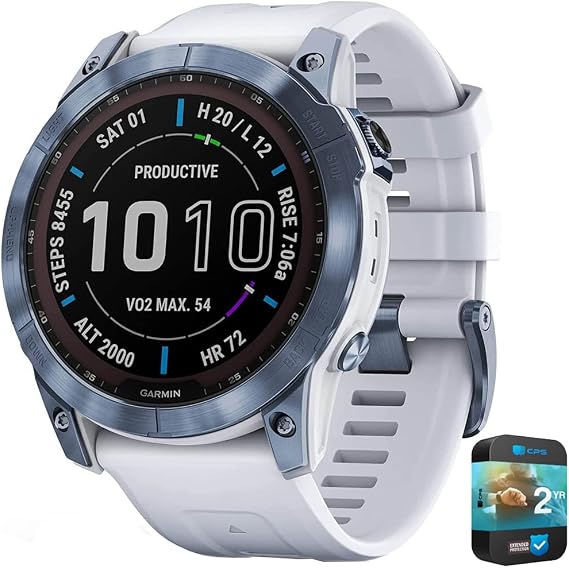 Garmin 010-02541-14 Fenix 7X Sapphire Solar Smartwatch Mineral Blue Titanium with Whitestone Band Bundle with 2 YR CPS Enhanced Protection Pack