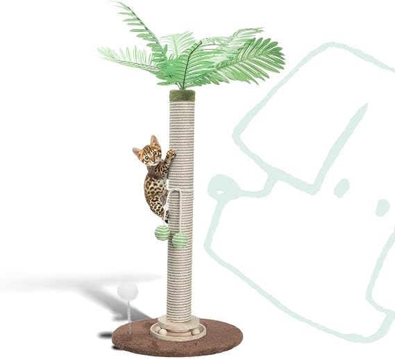 Cat Scratching Post 34 Inch with Rotating Turntable and Removable Hanging Ball, Cat Scratcher for Indoor Cats, Ultra Stable Base, Paw-Friendly Jute Material, Brown Base