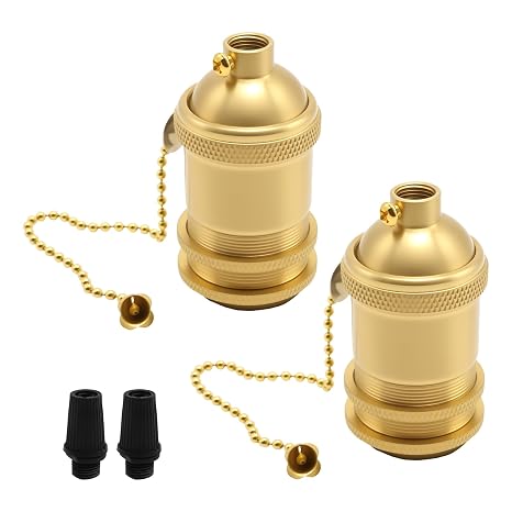 2 Pack Solid Brass Light Socket with 2 Socket Rings, Suitable for Handmade Lighting, Lamps, Pendants, Pull-Chain Version