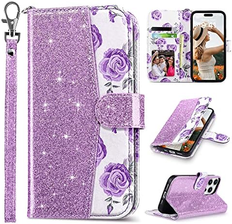 ULAK Compatible with iPhone 14 Pro Max Wallet Case for Women with Credit Card Holders, Designed Flip PU Leather Kickstand Shockproof Protective Cover for iPhone 14 Pro Max 6.7 inch 2022, Lavender