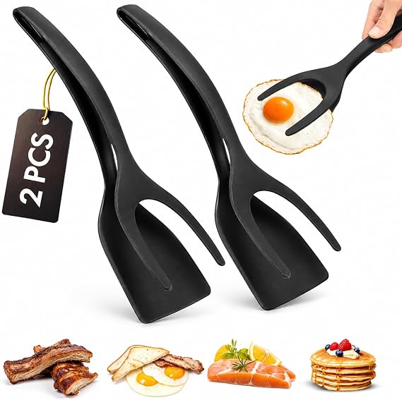 Egg Flipper Spatula Tongs (Set of 2) Non-Stick 2-in-1 Grip & Flip Kitchen Tongs for Pancakes, Fish, Eggs, and More Heat Resistant Cooking Tool (Black)