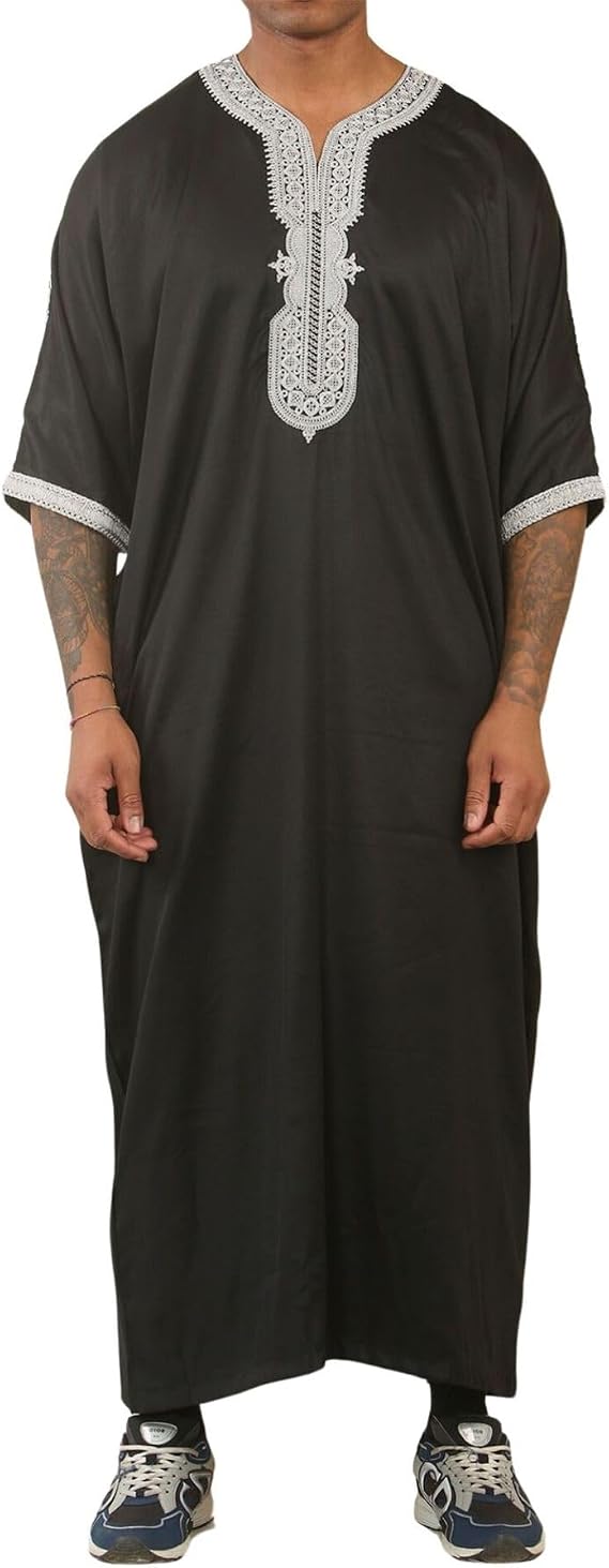 Men's Black Moroccan Thobe Short Sleeve Gandoura Grey Embroidery Kaftan Jubba