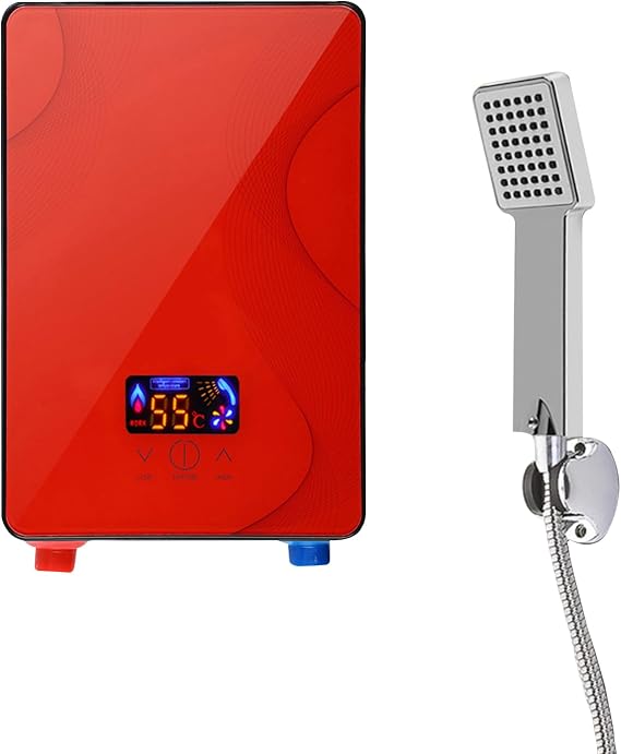 6500w Tankless Electric Water Heater 220V Instant Hot Water Heater With Digital Display Shower Head On Demand Water Heater for Home Bathroom Shower (Red)