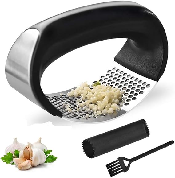 Garlic Press Garlic Crusher Kitchen Garlic Rocker, 304 Stainless Steel, Easy-Squeeze Tool with Garlic Peeler and Cleaning Brush for Smashing Garlic,Easy to Use & Clean Kitchen Tool