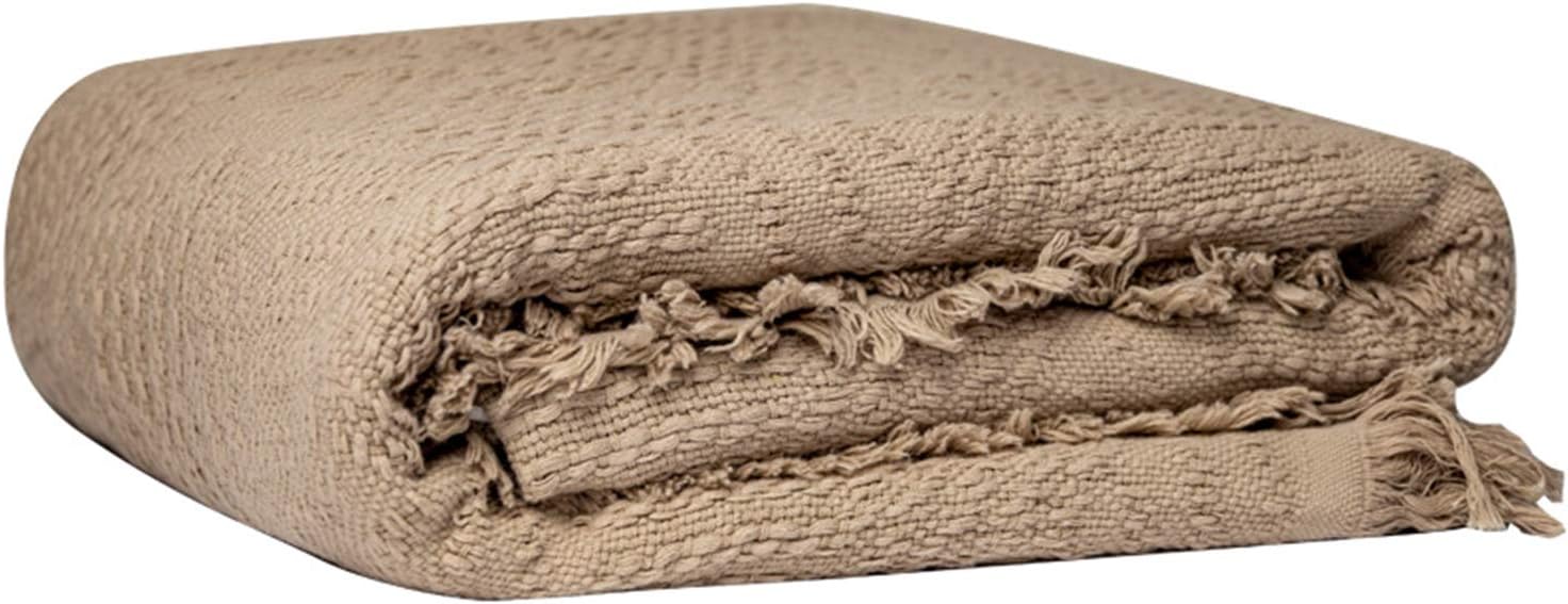100% Cotton Throw Blanket in Light Brown Jacqard Weave Fabric with Fringe Soft All Season Cover for Bed Couch and Living Room Sofa,Chair 50x60 Inches