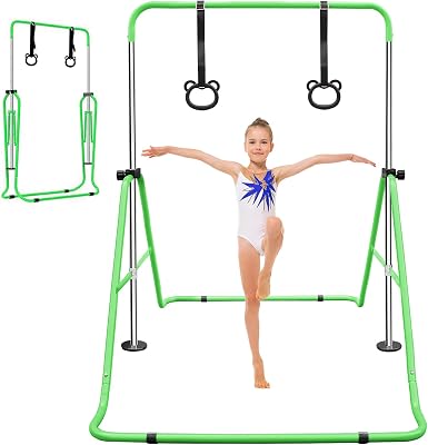 Gymnastics Bar for Kids, Folding Junior Training Kip Bar with Adjustable Height, Home Expandable Horizontal Gymnastic Monkey Bars Equipment for Child with Bear Rings