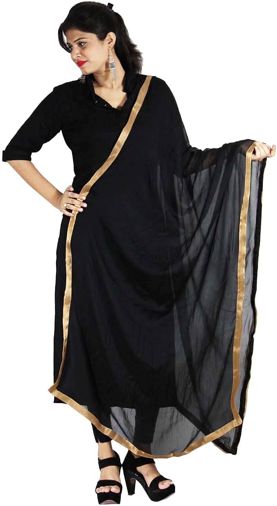 Traditional Plain Golden Lace Dupatta Fashionable Semi Chiffon Chunni Neck Wrap Hijab Scarf Stole For Women's