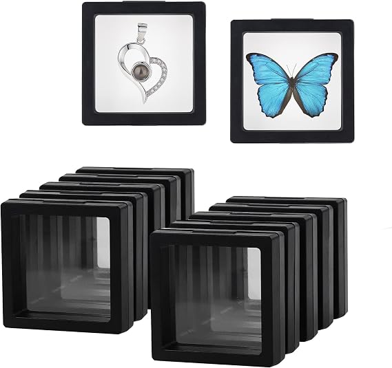 10 PCS 3D Floating Frame, 2.75 x 2.75 Inches Coin Display Case, Shadow Box Frame, Transparent Plastic Jewelry Storage Box for Medallion, Jewelry, Shells, Coin, Stamp (Black)