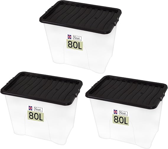 Neat. Plastics 80L Storage Box, Clear Base, Black Lid - Organise Easily with Plastic Storage Box with Lid, Ideal Clear Boxes for Storage, Durable Plastic Boxes with Lids Storage, Pack of 3