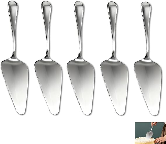 5 Pcs Cake Slicer, Stainless Steel Pie Server, Serrated Edge Cake Server and Pizza Cutter, Silver Cakes Spatula Serving Set for Cutting and Serving Fruit Dessert, Mirror Polished for Kitchen Party