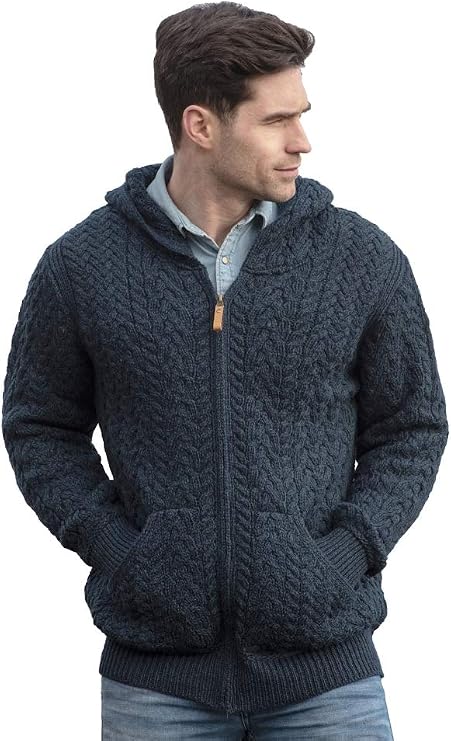 Aran Crafts Men's Irish Cable Knitted Zip Hooded Cardigan (100% Merino Wool)