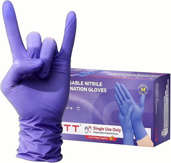 GTT Nitrile Exam Gloves, 5Mil, 100 Count, Powder-Free, Disposable Gloves | GTT 100pcs Disposable nitrile gloves for Medical Care, First Aid, Cleaning, Food Prep, Tattoo, Cooking, Purple Large