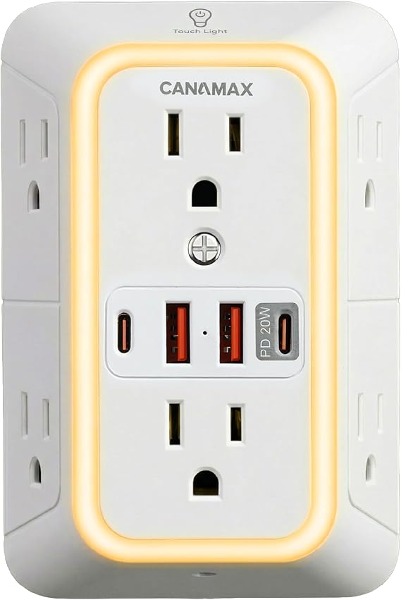 Multi Plug Wall Outlet Extender - 6 Outlet Splitter & 4 USB Ports with 20W PD USB-C Fast Charging, Smart Night Light, 3-Sided 1050J Surge Protector Power Strip for Home, Office, Dorm Room Essentials