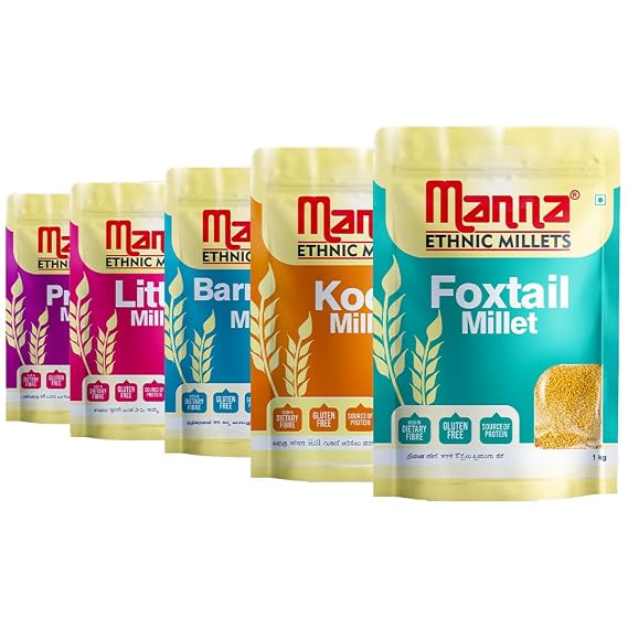 Manna Millets 5kg - Natural Grains Combo Pack of 5 Foxtail 1kg, Kodo 1kg, Little 1kg, Barnyard 1kg, Proso 1kg