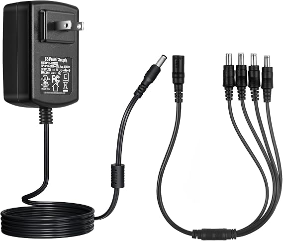 12V 2A Camer Power Supply, AC 100-240V to DC 12Volt Power Adapter Converter, 5.5mm x 2.1mm Plug for CCTV Camer, DVR, NVR, LED Strip, Router,Adapter with 1 to 4 Splitter Cable, UL Listed FCC & RoHS