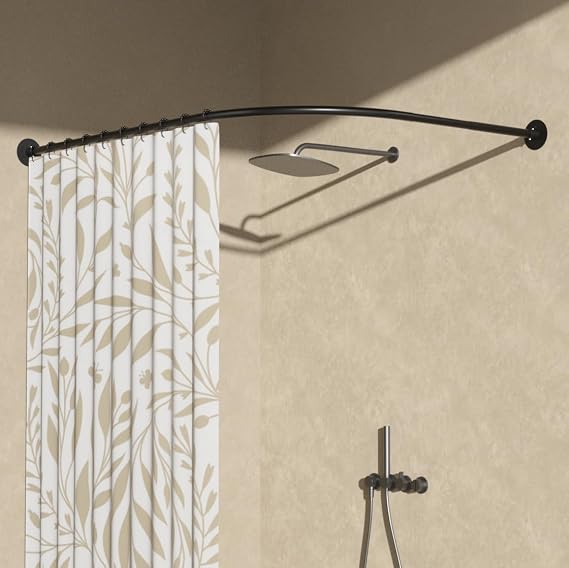 L Shaped Shower Curtain Rail Black, Curved Shower Rail No Drill, 70-95x105-165 cm Adjustable Shower Curtain Rod, Corner Shower Rail Kit No Drill or Drill Installation