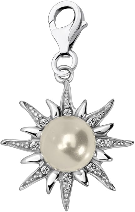 Quiges Imitation Pearl Sun Clip On Charm Pendant with Cubic Zirconia Silver Plated Women's Jewellery