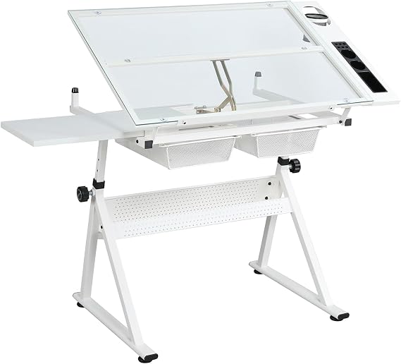 Drafting Table w/Stool, Height Adjustable Multifunctional Art Craft Artists Desk, Tilting Glass Tabletop Diamond Paintings Work Station w/2 Storage Drawers & for Tray Home Office