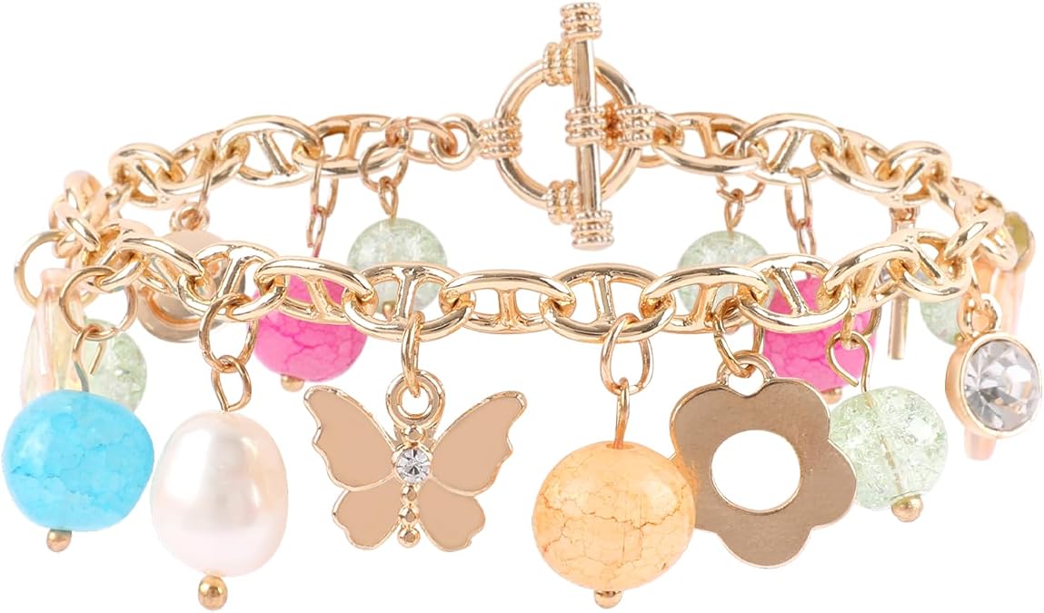 Bohemian Charm Bracelets for Women Holiday Boho Summer Beach Vacation Party Jewelry Gift for Her Flower Heart Butterfly Bear Beads Charm Pendant Statement Link Bracelet