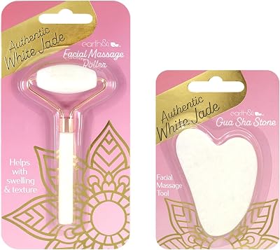 Earth & I White Jade Roller & Face Guasha Set 2pc, At Home Spa Essentials, Women Self Care, Face Tool for Lymphatic Drainage, Gua Sha Roller, Gusha, Facial Gua Sha Tool, Spa Accessories for Women