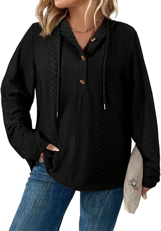 Eytino Womens Plus Size Sweatshirts Long Sleeve V Neck Embroidered Eyelet Drawstring Button Pullover Hooded Tops(1X-5X)