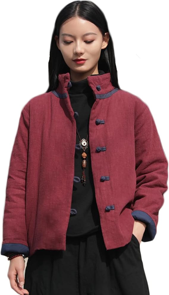 Women's Quilted Lightweight Short Jacket Stand Collar Outerwear Cotton Linen Padded Chinese Style Tang Suit