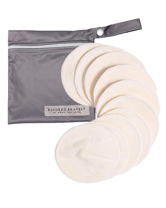Kindred Bravely Organic Reusable Nursing Pads for Breastfeeding, 10 Pack | Soft washable breast pads with contoured fit and waterproof backing. Absorbent and gentle on sensitive skin with carrying bag