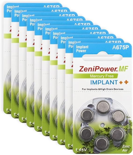Cochlear Implant Batteries PR44 Size 675P, Constant Power and Long Life, Mercury-Free Batteries with Zinc-Air Technology (10 Blister Packs, 60 Batteries)