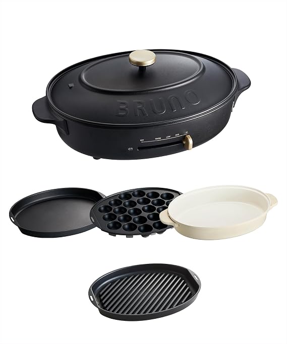 Bruno BOE053-BK Oval Hot Plate, Main Product, 4 Types of Plates Takoyaki/Deep Pot/Flat/Half, Black, Stylish, Cute, 1 Unit, Lid Included, 1,200 W, Temperature Adjustment, Easy to Clean, For 1 / 2 / 3 People, Small, For Living Alone