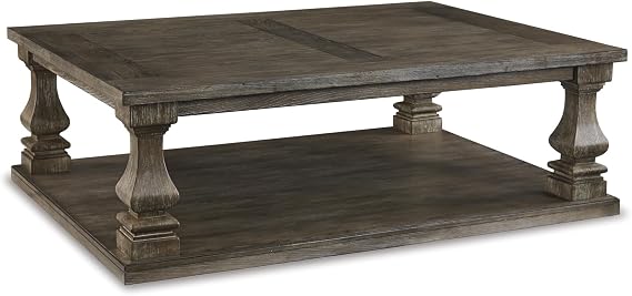Signature Design by Ashley Large Farmhouse Coffee Table, Weathered Gray | Distressed rustic elm veneer, Spacious plank-effect top and lower storage shelf for easy organizing, Johnelle Series