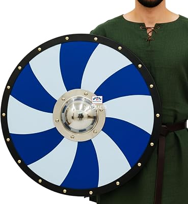 Medieval Norse Shield - Historical Wooden Blue Spiral Viking Shield LARP Functional & Decorative Battle Ready Round Shield Wall Art Home Decor