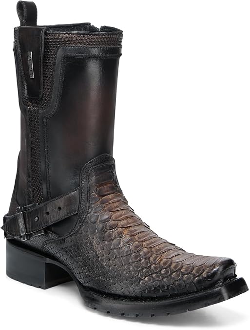 Cuadra Men's Python Leather Biker Boots Dark brown Side Zip