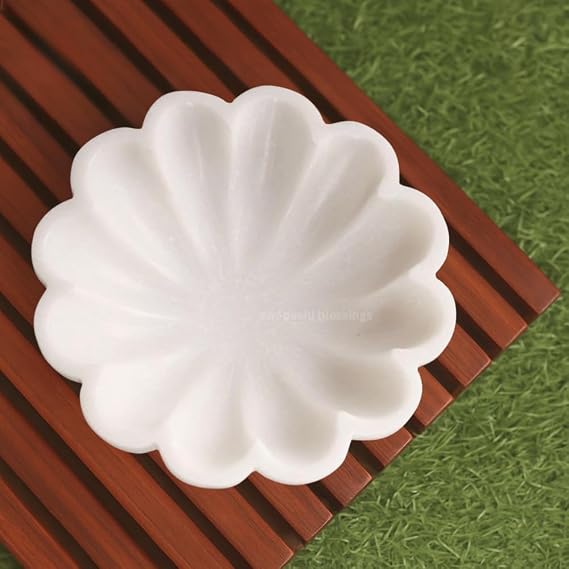 SWADESHI BLESSINGS HandCrafted Marble Scalloped Bowl for Home Decor, 7" | 100% Natural Marble, Catch-all Fluted Ruffle Decorative Bowl for Ring Dish, Fruit / Key Bowl, Coffee&Dining Table, Gift-Ready