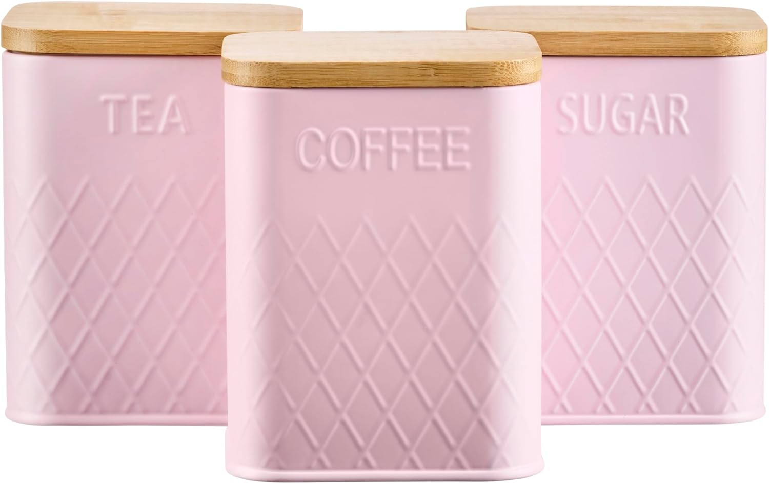Cooks Professional 3 Piece Tea, Coffee & Sugar Square Cannister Set with Bamboo Lids | Diamond Pattern Labelled Stainless Steel Kitchen Storage Bins Airtight Containers | Pink