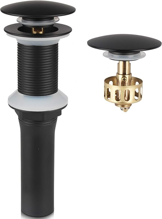 Bathroom Lavatory Vanity Detachable Basket Vessel Sink Drain, Pop Up Drain Stopper Without Overflow, Black | Solid Brass Drain Stopper for Bathroom Vessel and Vanity Sinks; Fits 1-1/2 in Drain Holes; 7 in Closed, 7.5 in Open