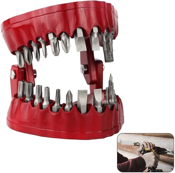 Denture Drill Bit Holder,Gag Gift for Dentist,Magnetic Gums with 28PCS Bits,3D Sculpture Desk Gadget Decoration,1/4Hex Bit,2-in-1 Screwdriver