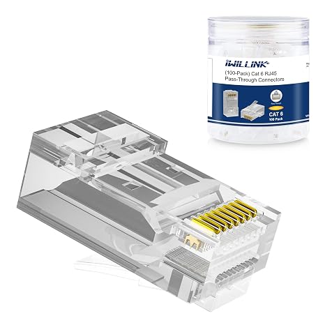 iwillink 100-Pack Unshielded RJ45 Cat6 Pass Through Connectors | RJ45 Connectors, Gold Plated Ethernet Insert Crimp Connectors, UTP Network Plug for Solid Wire and Standard Cable
