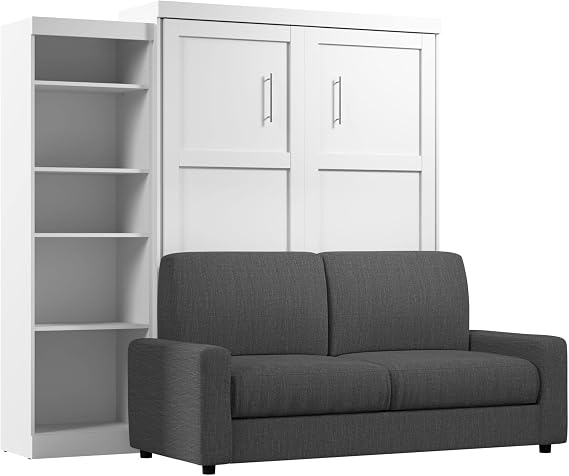Bestar Pur Queen Murphy Bed with Shelving Unit, Space-Saving Sleeping Arrangement for Multipurpose Room in White