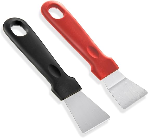 Stainless Steel Scraper Set, 2Pcs Black Red Kitchen Scrapers for Glass Stove Top Oven Pan, Non-Scratch Ergonomic Design Corner Seam Cleaning Tools(2)