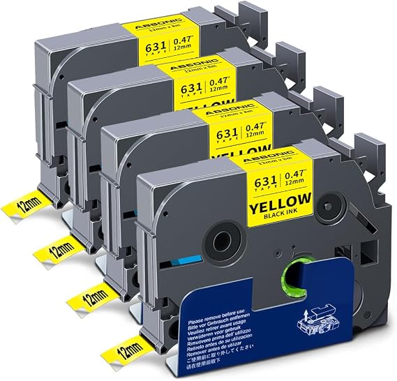 Tz-631 12mm 0.47" Black on Yellow Label Tape Compatible for Brother TZe-631 | TZe631 Tz631 Tz-631 P Touch Label Tape Tze Tz 12mm Laminated Yellow 1/2" for PT D200 D210 D220 D400 D600 H110, 4-Pack