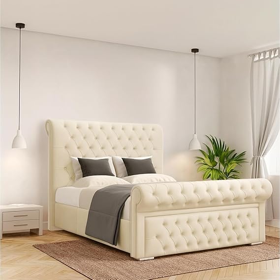 Modern Sleigh Bed with Ottoman Storage and Mattress Options - Handmade in the UK - Deep Button Tufting (Cream Plush, King 5ft Bed Frame)