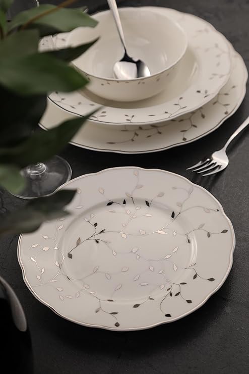 Kütahya Porselen Bone Olympos 56 Parça 12 Kişilik Yemek Takımı Leaves Silver