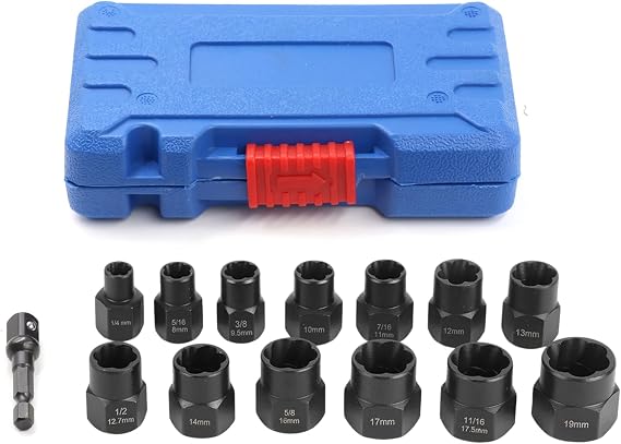 13Pcs Impact Bolt & Nut Remover Set,Chrome Molybdenum Steel Bolt Remover Tool Set with 3/8 "Hex Adapter for Repair