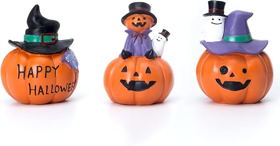 Halloween Miniature Pumpkin Figurines Set of 3,Witch Hat or Mini Ghost on Pumpkin Halloween Table Top, Fireplace Mantle, Shelf Decorations Indoor